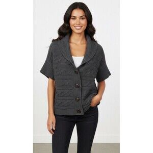 Talbots Sweater Womens Gray Sz 2X Grandpacore Cable Knit Shawl Neck Short Sleeve